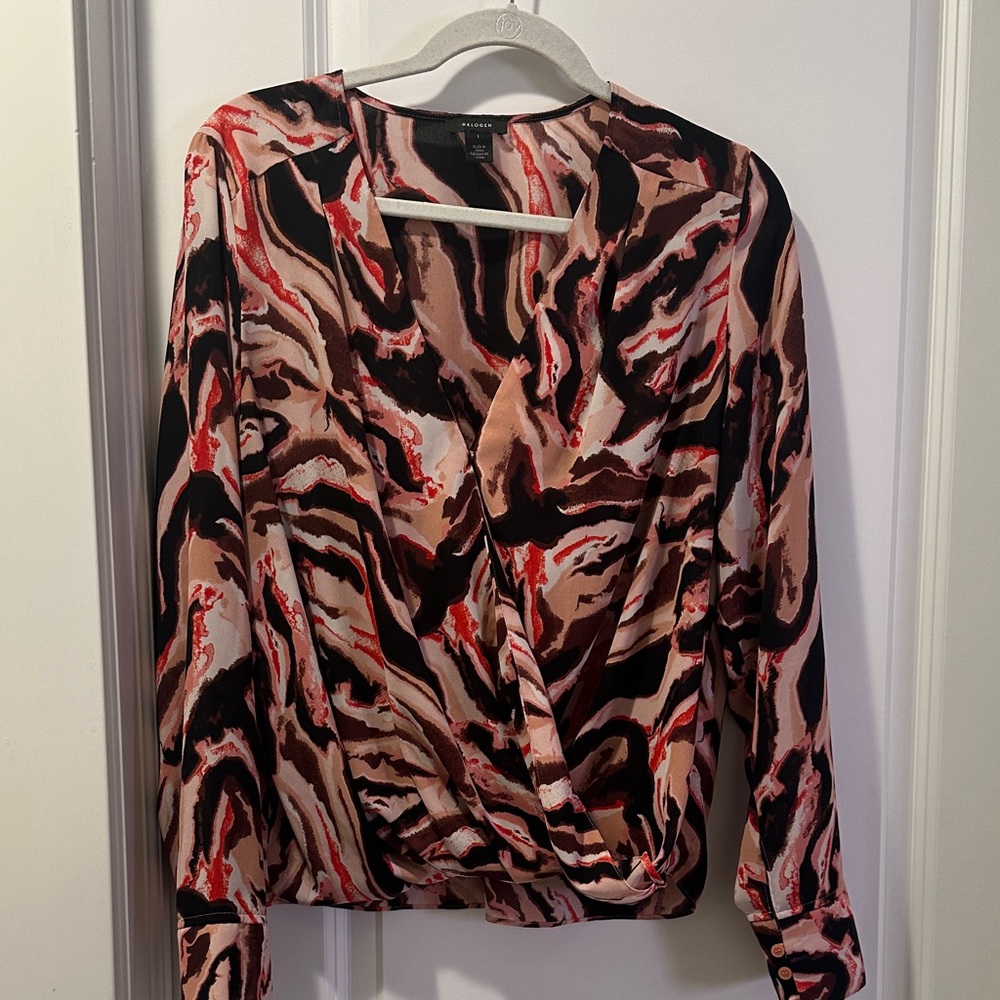 Halogen Swirl Pattern Blouse in Black, Red, and Cream. Size large.